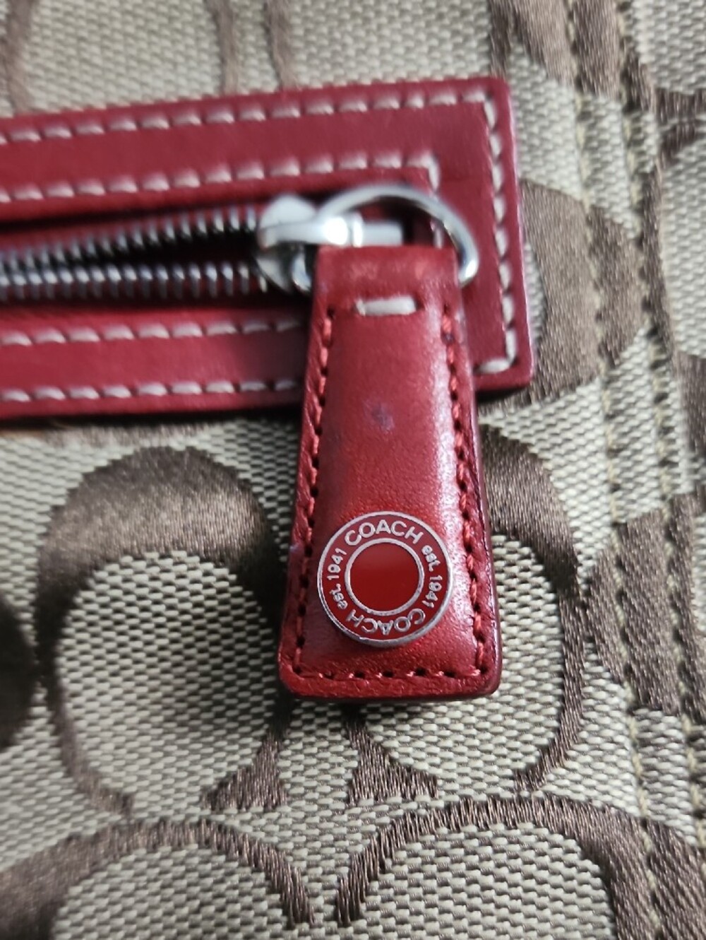 Coach Tan Signature Canvas Tote with Red Leather Trim - Picture 4 of 4